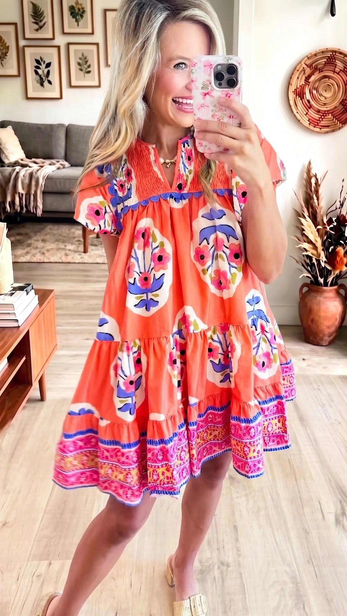 Bohemian Floral Print Smocked Short Sleeve Tiered Mini Dress