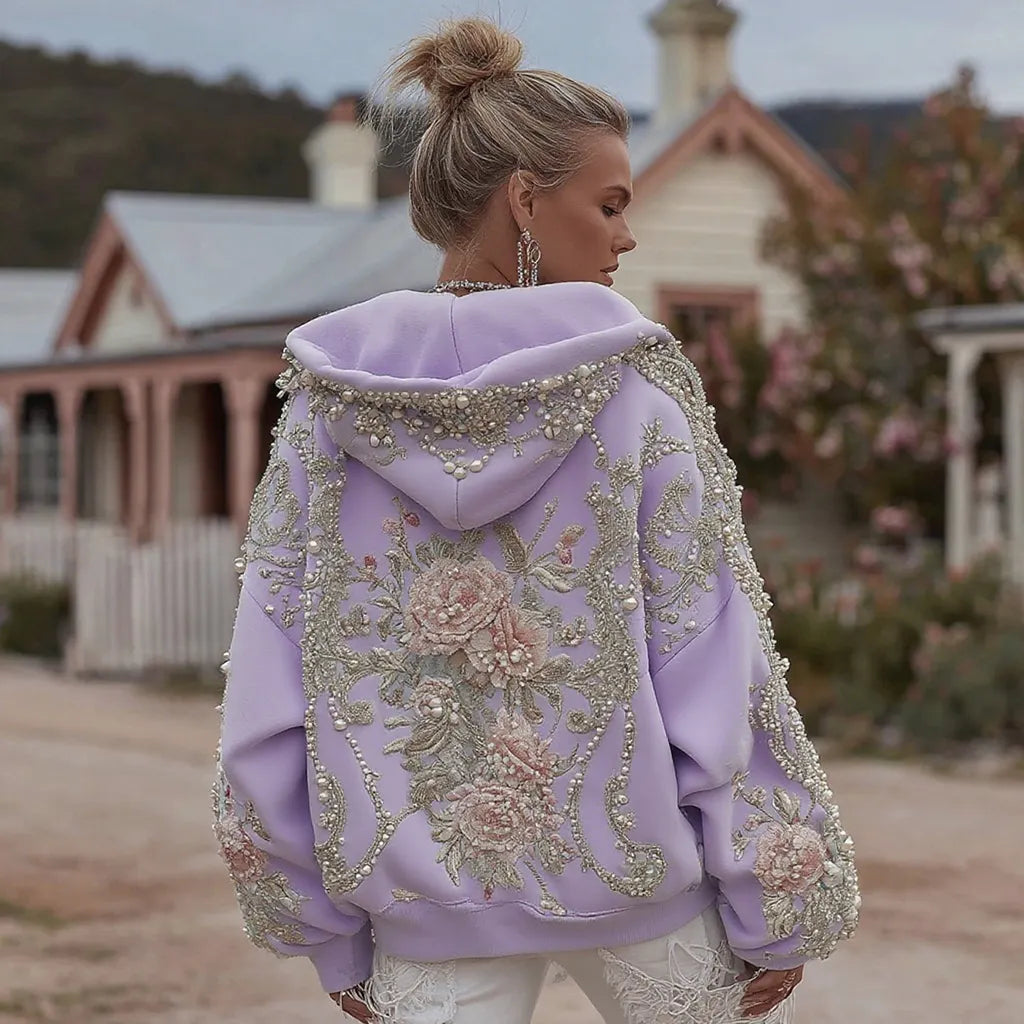 Women's Retro Bohemian Floral Embroidery Casual Hooded Sweatshirt