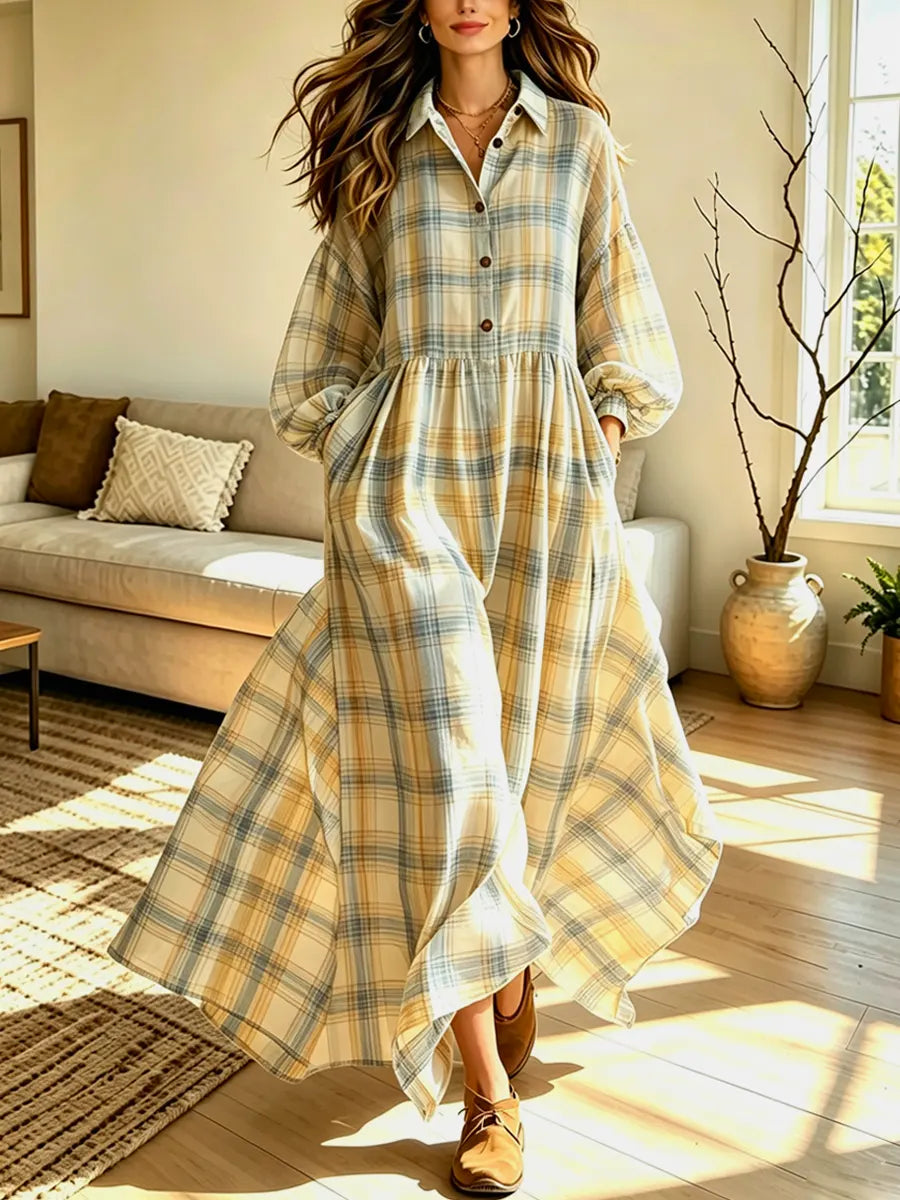 Retro Plaid Pattern Art Casual Stylish Long Sleeve Cotton Linen Maxi Dress