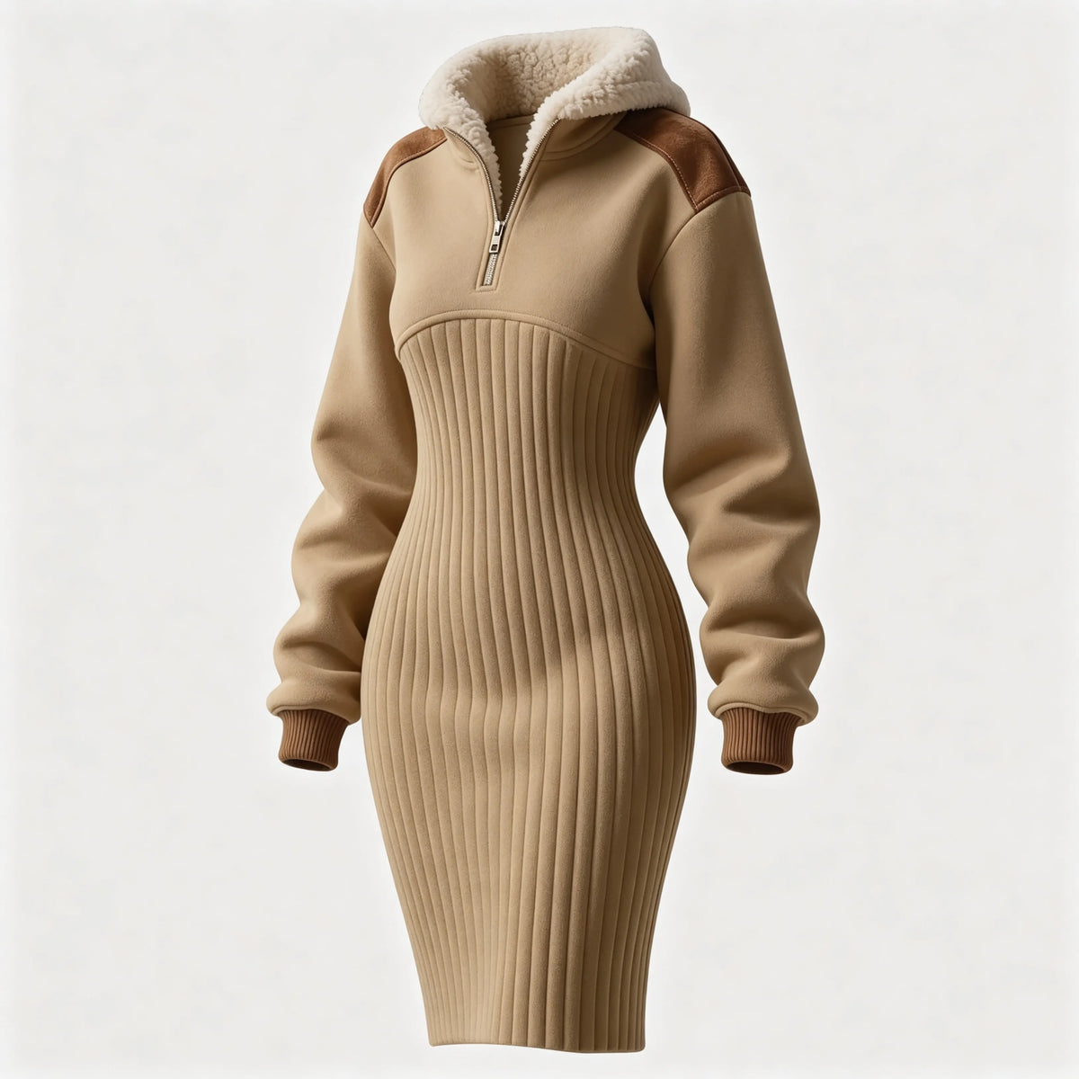 Women's Contrast Color Stitching Suede Lambswool Lapel Hooded Long Sweatshirt