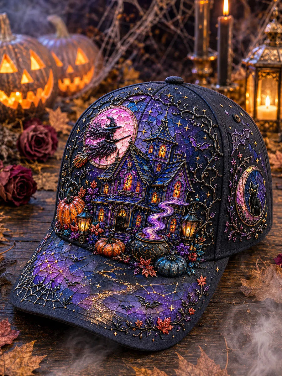 Stained Glass Witch Castle & Black Cat Halloween Baseball Cap