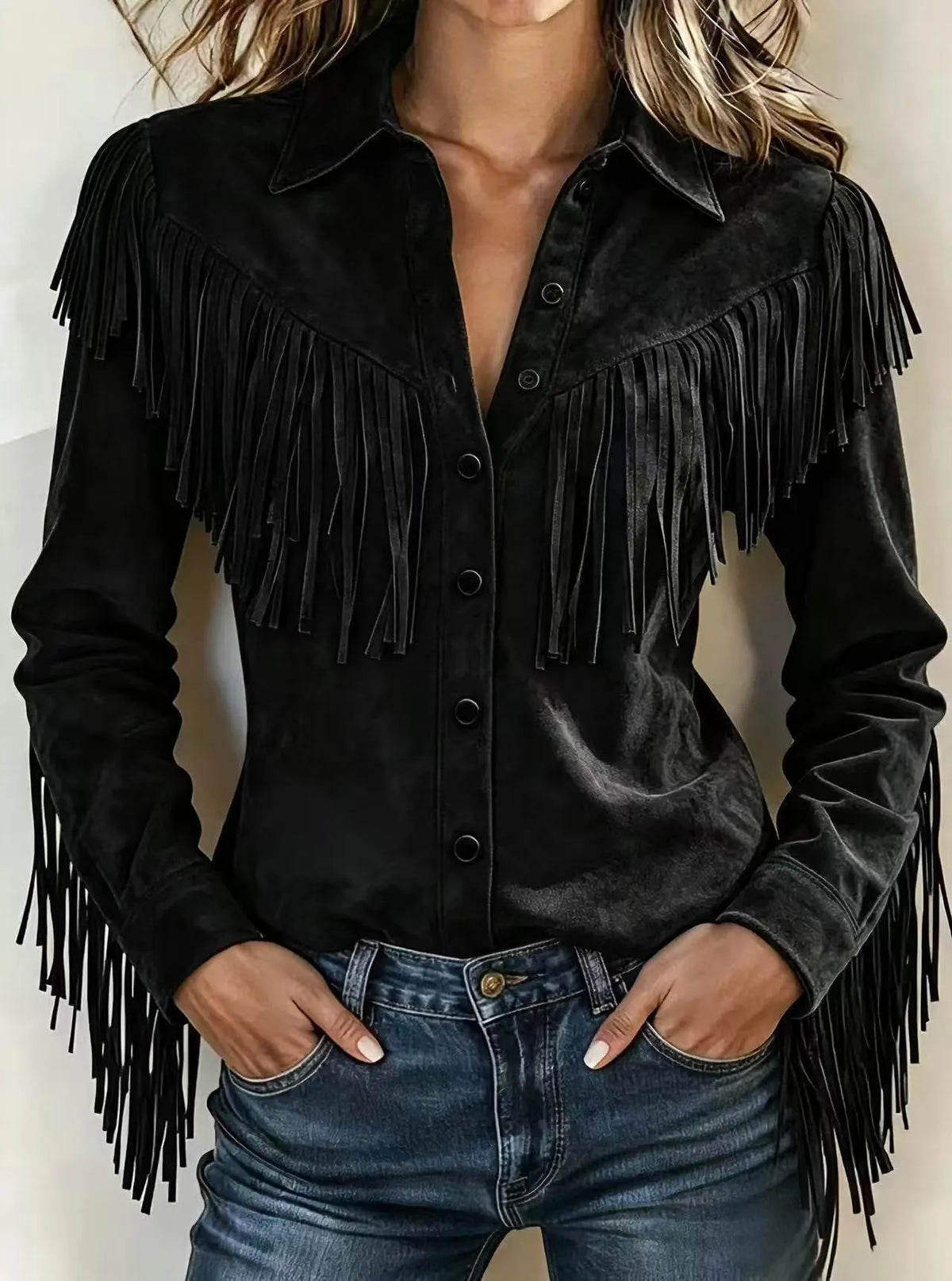 Western Fringe Trim Faux Suede Shirt Jacket, Women Collar Button‐Up Long Sleeve Shacket