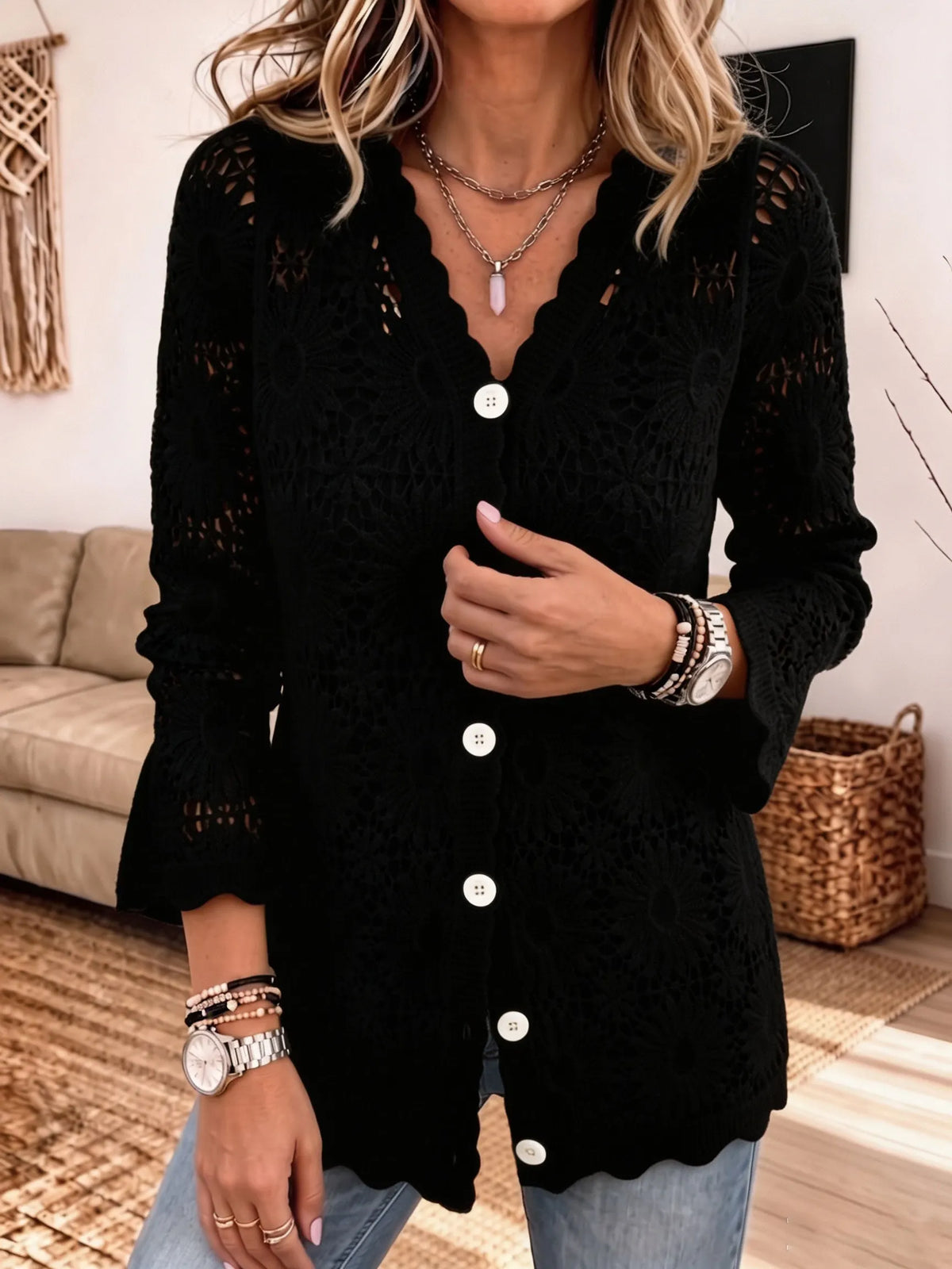 Floral Crochet Lace Bell Sleeve Button‐Front V‐Neck Cardigan Women