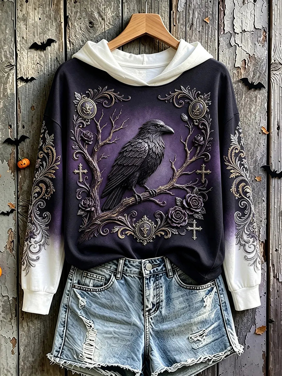 Halloween Crow Art Print Vintage Casual Hoodie