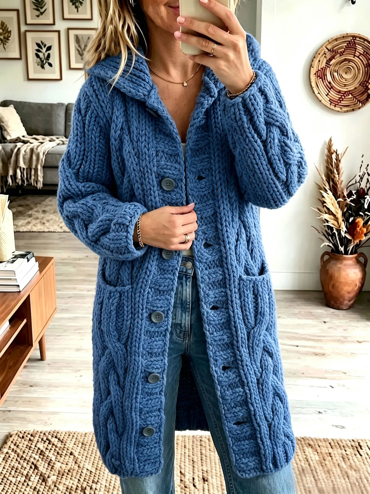 Women Lapel Chunky Cable Knit Cardigan Button‐Front Mid‐Length Sweater Coat