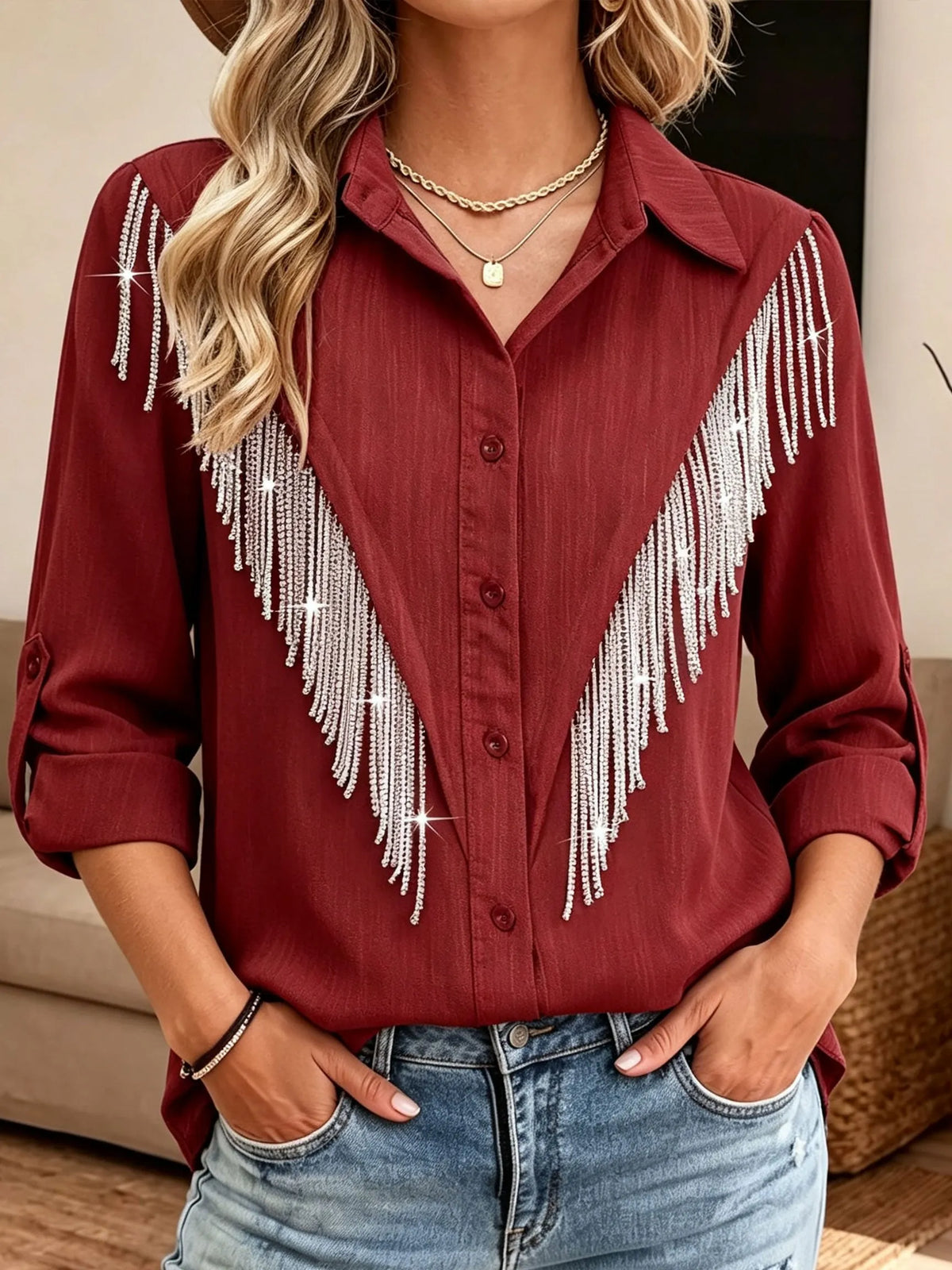 Women Collar Roll‐tab Long Sleeve Western Rhinestone Fringe Button‐down Shirt Blouse