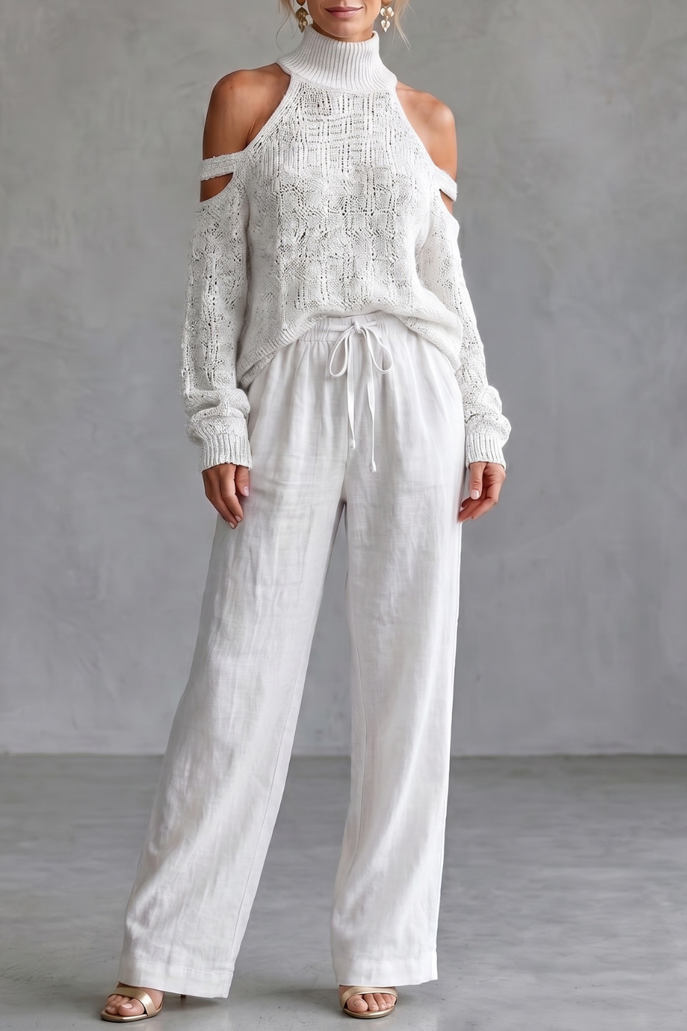 Cozy open-shoulder design – Knit trouser set