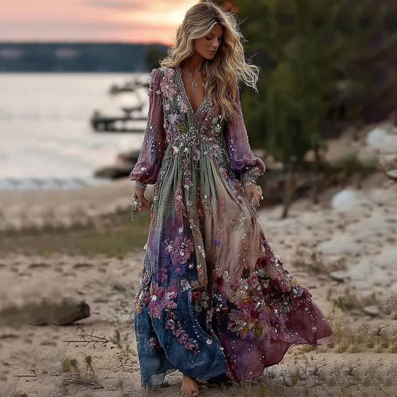 Tie-dye Boho Rose Embroidered Sequined Maxi Dress