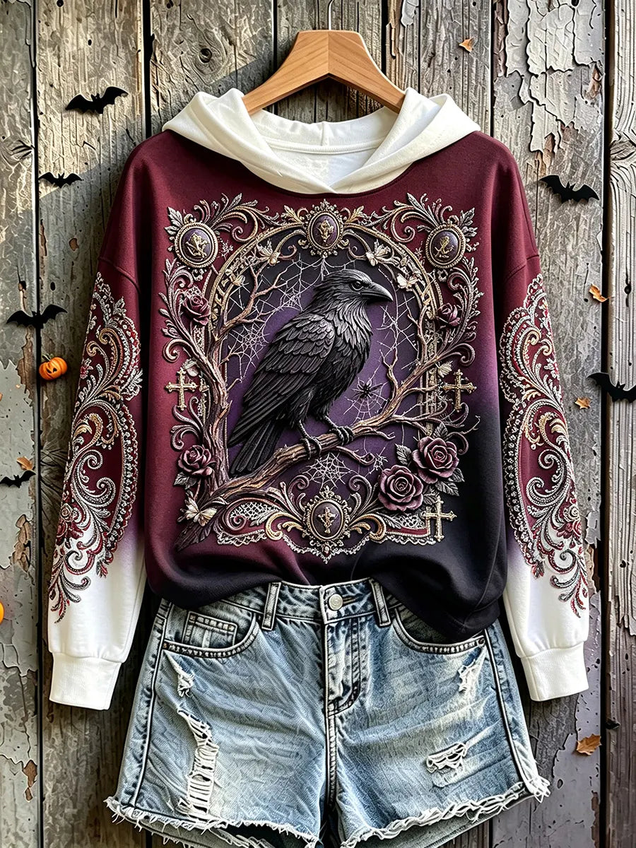 Halloween Crow Art Print Vintage Casual Hoodie