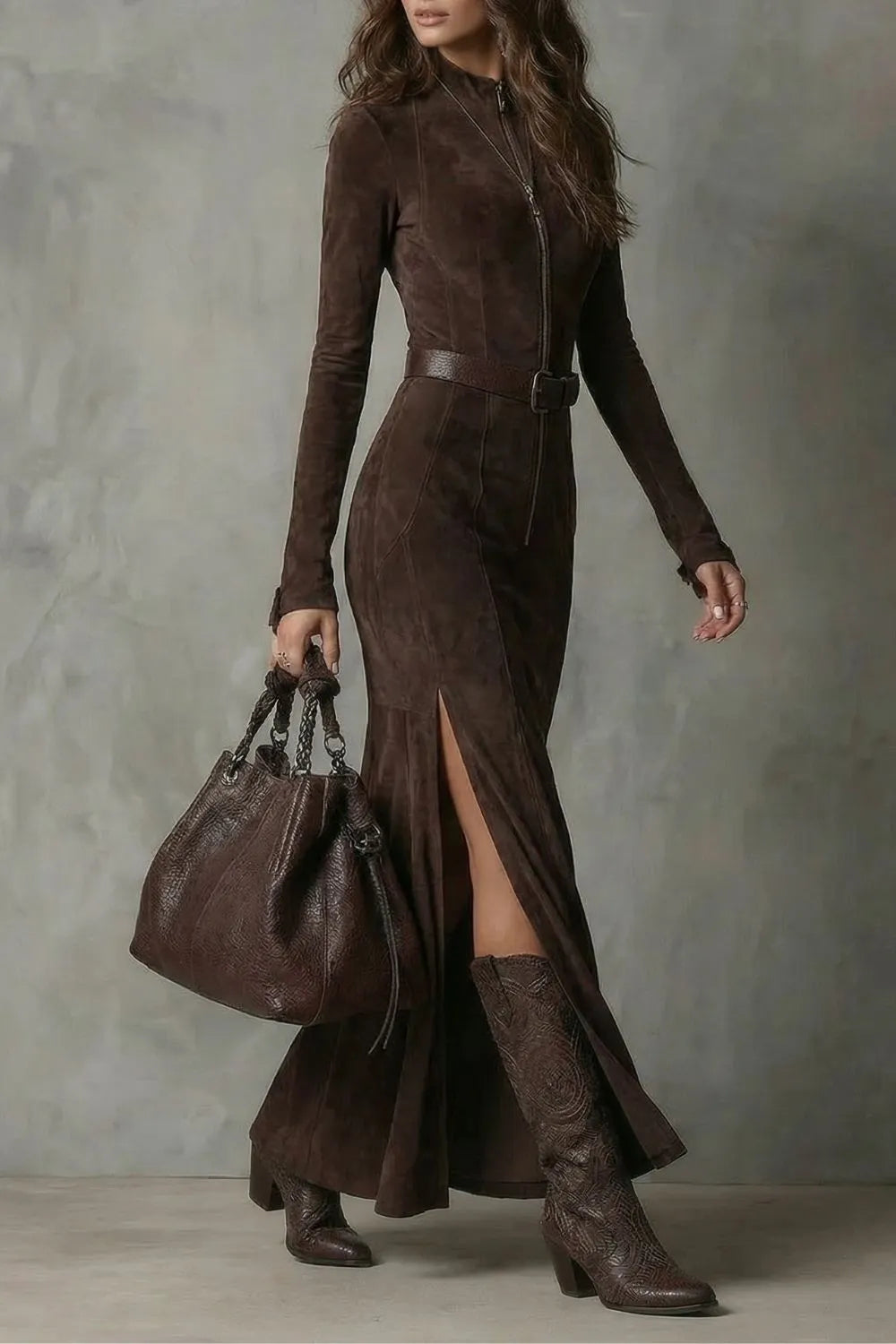 Belted suede style – Maxi zip dress（Includes belt）
