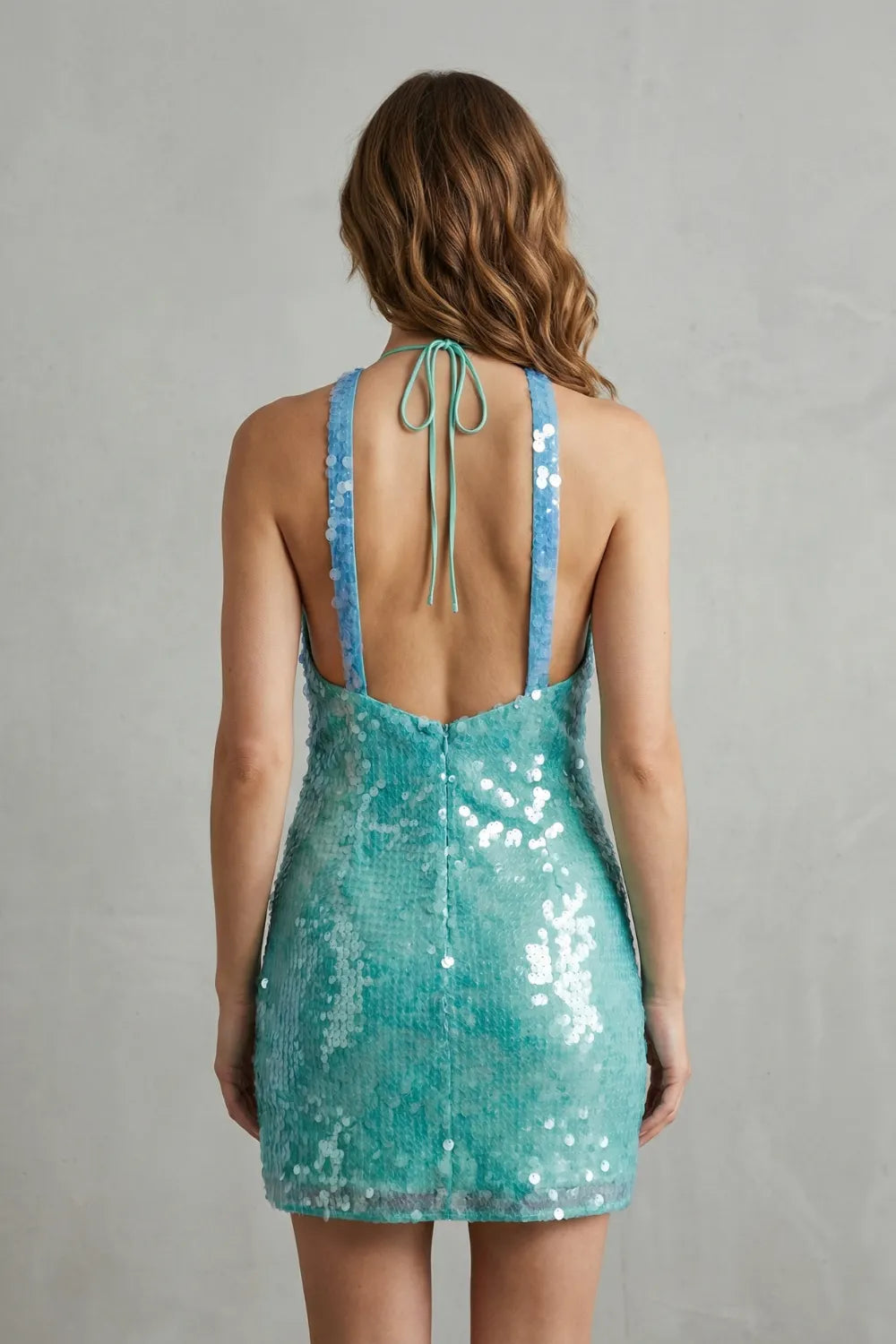 Ocean shimmer fade – Halter sequin mini dress