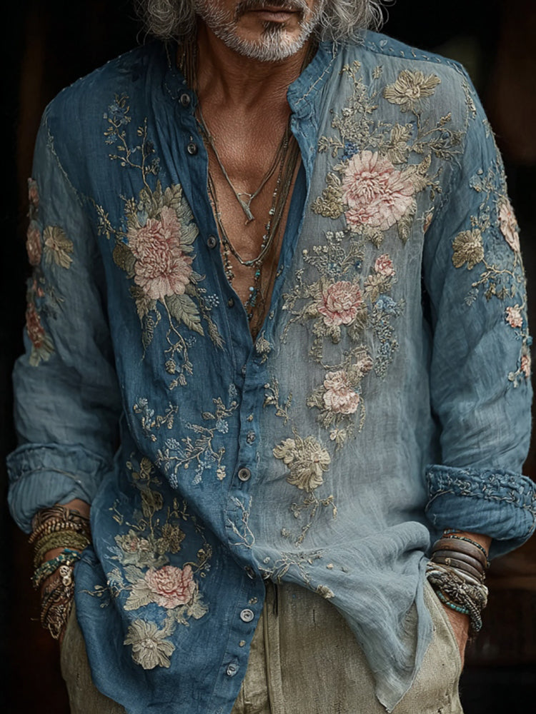 Men's Vintage Floral Embroidered Comfy Linen Shirt