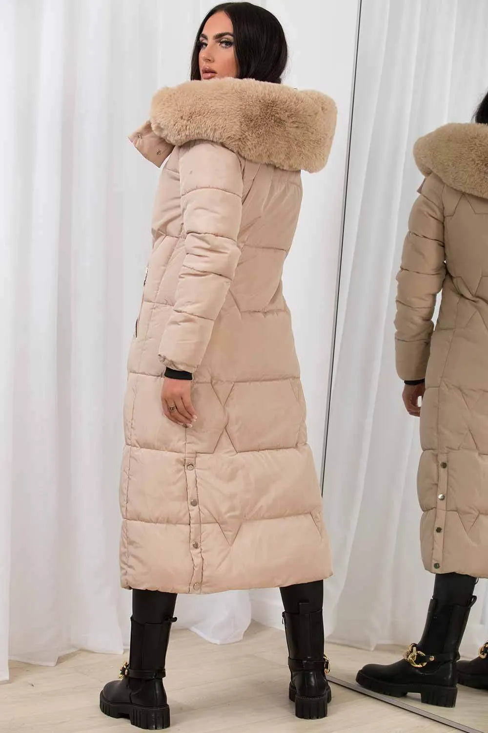 Long Puffer Padded Coat With Faux Fur Hood Beige