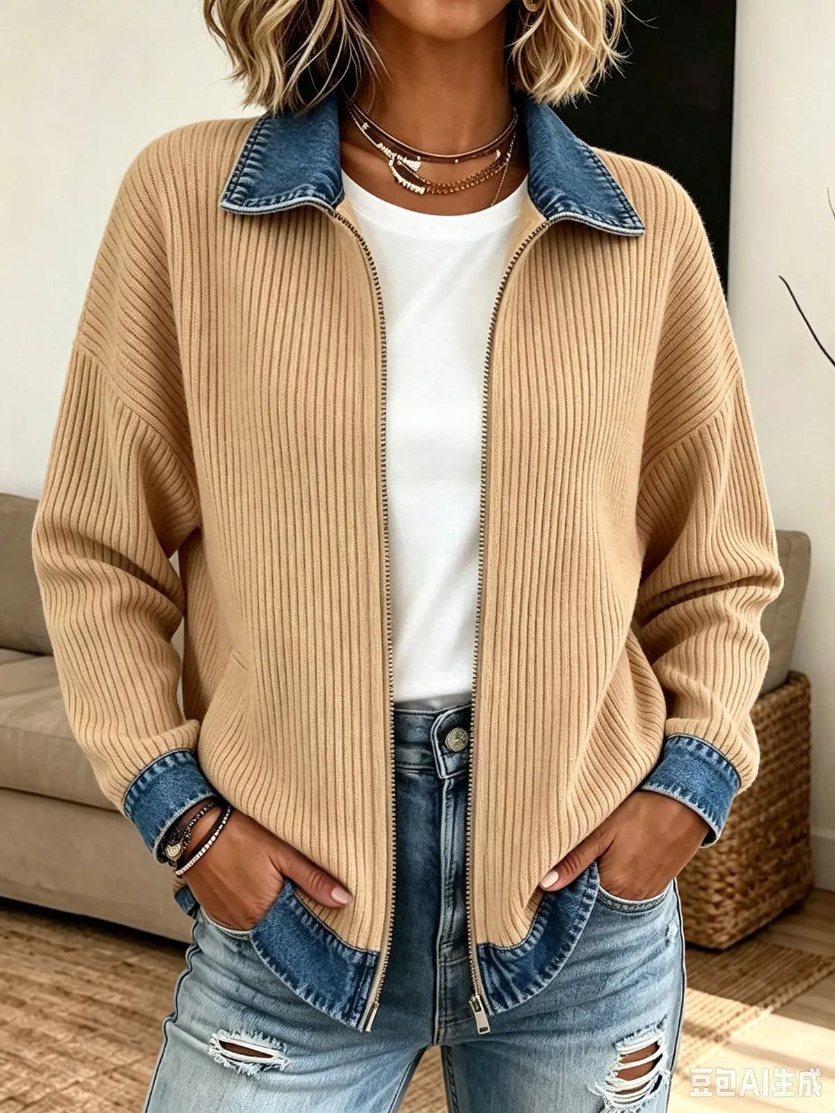 Denim Collar Patchwork Zip‐Up Ribbed Knit Jacket, Women Casual Cardigan Coat