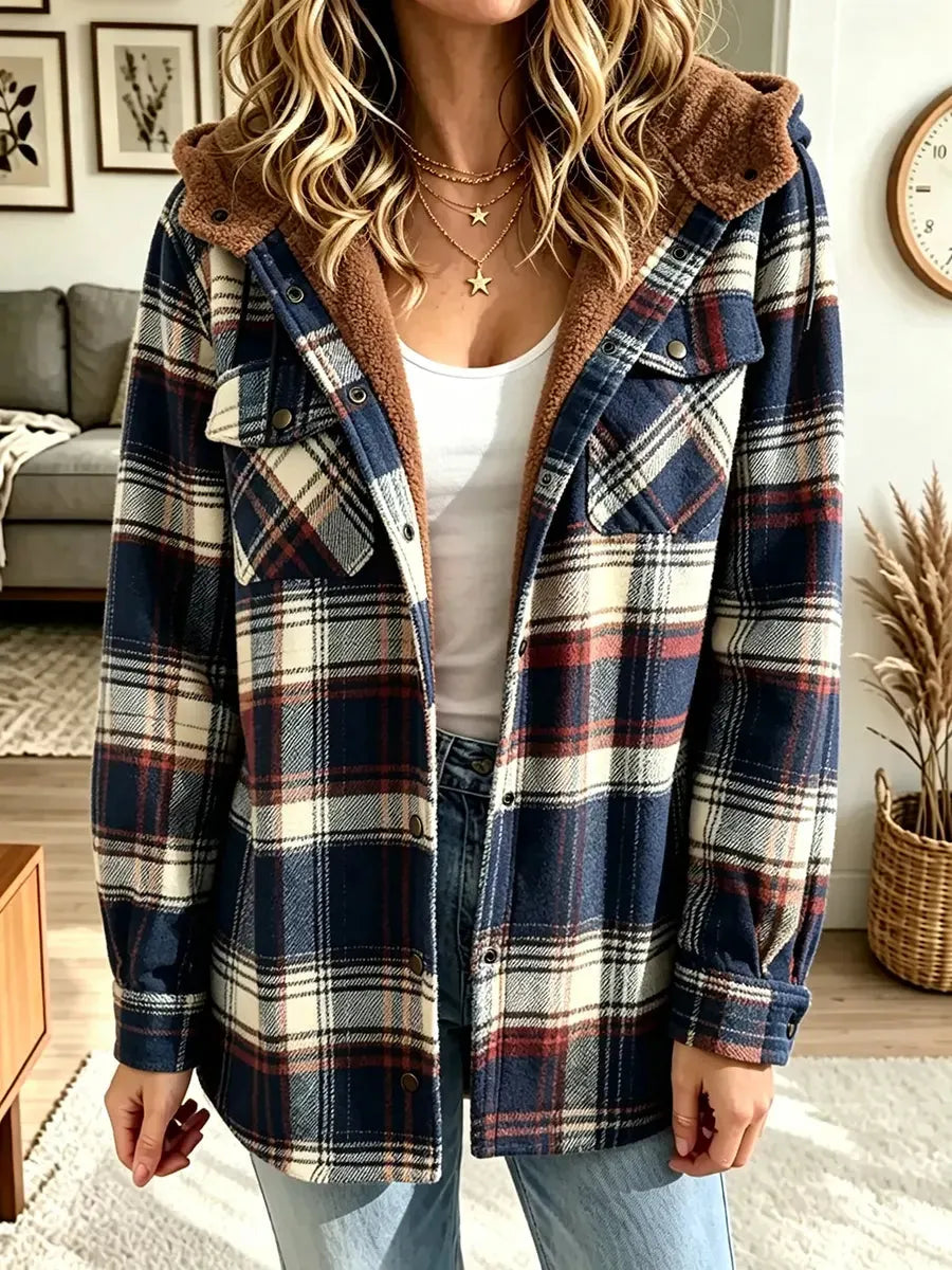 Women's Casual Loose-fit Plaid Hoodie Coat