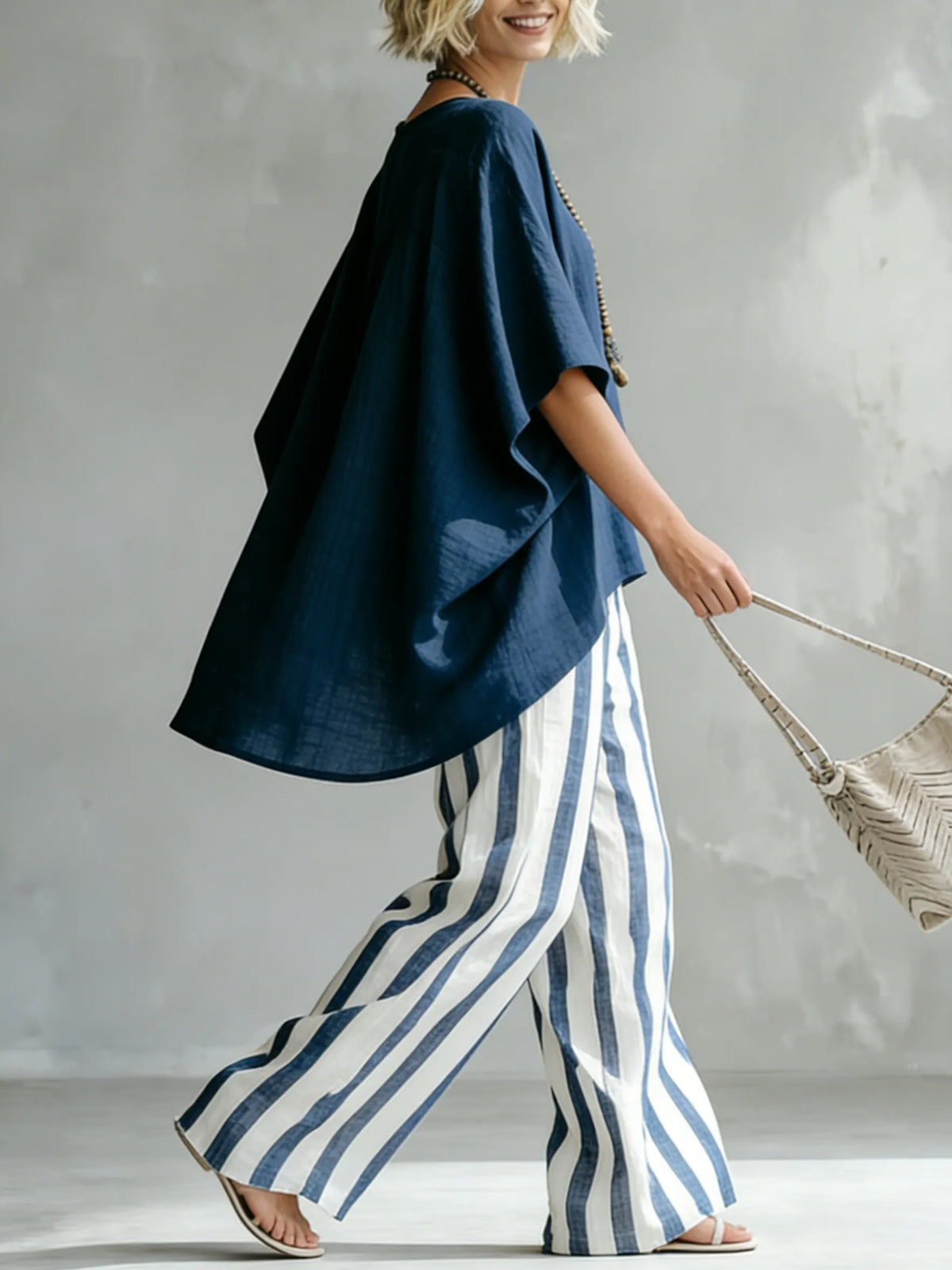 Classic Striped Batwing-sleeve Loose-fit Cotton-linen Two-piece Set