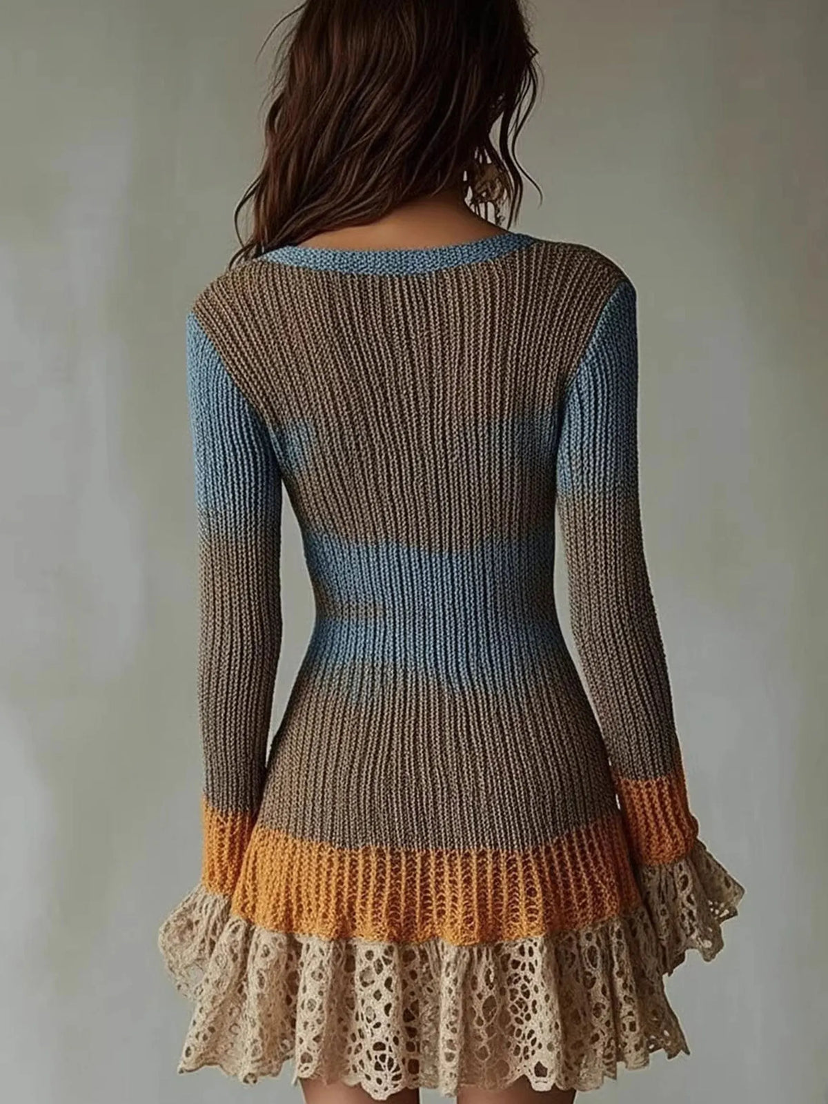 Boho Color Block Knit Mini Dress V‐Neck Long Sleeve Lace Ruffle Hem Dress