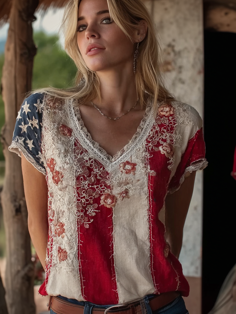 Women's Retro American Flag Element Plant Flower Embroidery Lace Patchwork Design Short-sleeve Top
