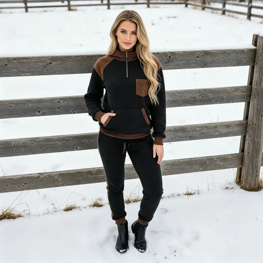 Women's Retro Ethnic Style Half-Zip Stand Collar Sweatshirt And Trousers Set
