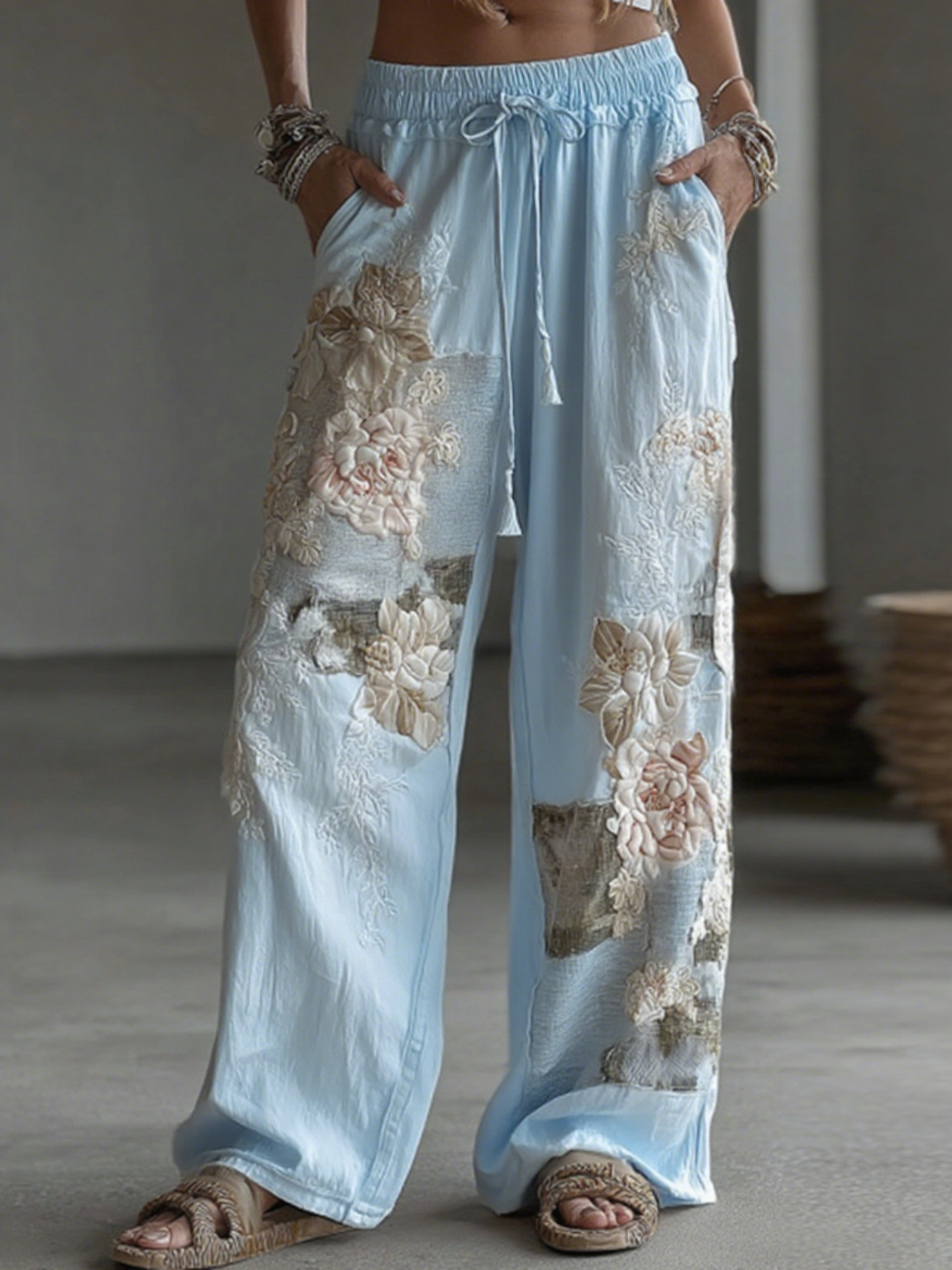 Women's Retro Floral Patchwork Art Casual Linen Pants