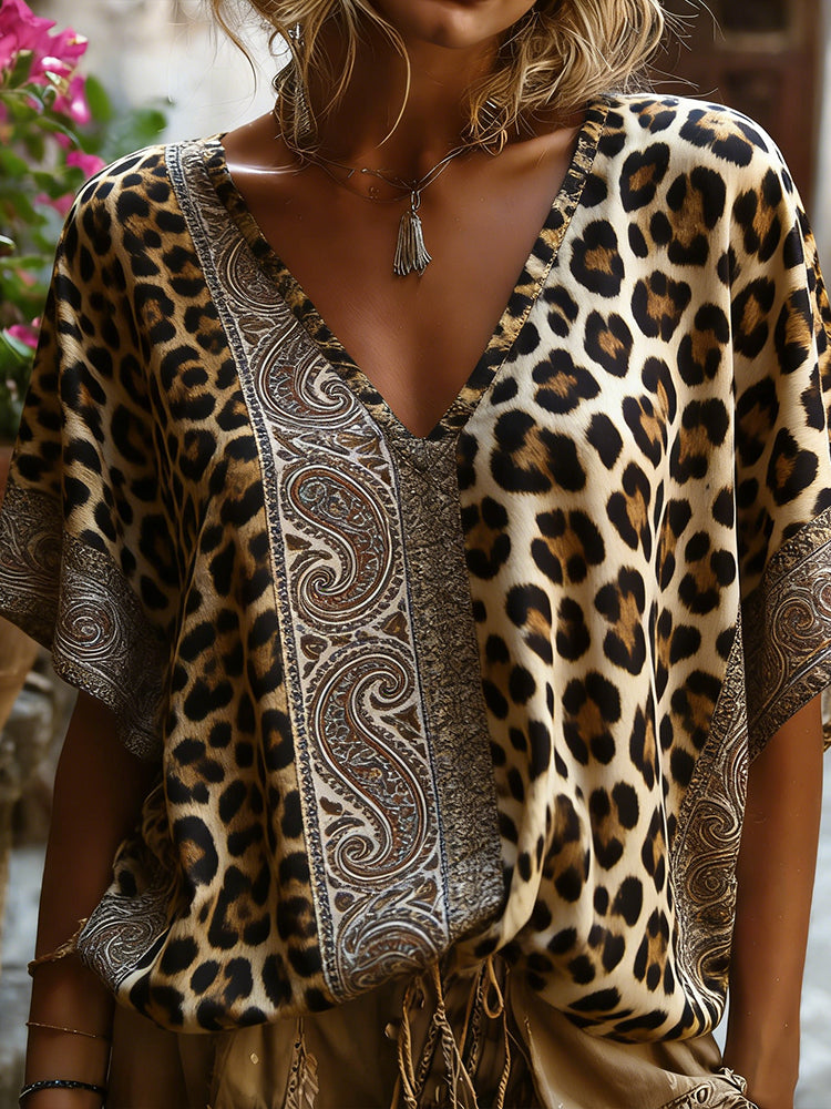 Women's Leopard And Paisley Patchwork Art Print Linen Blend Short Sleeve Top