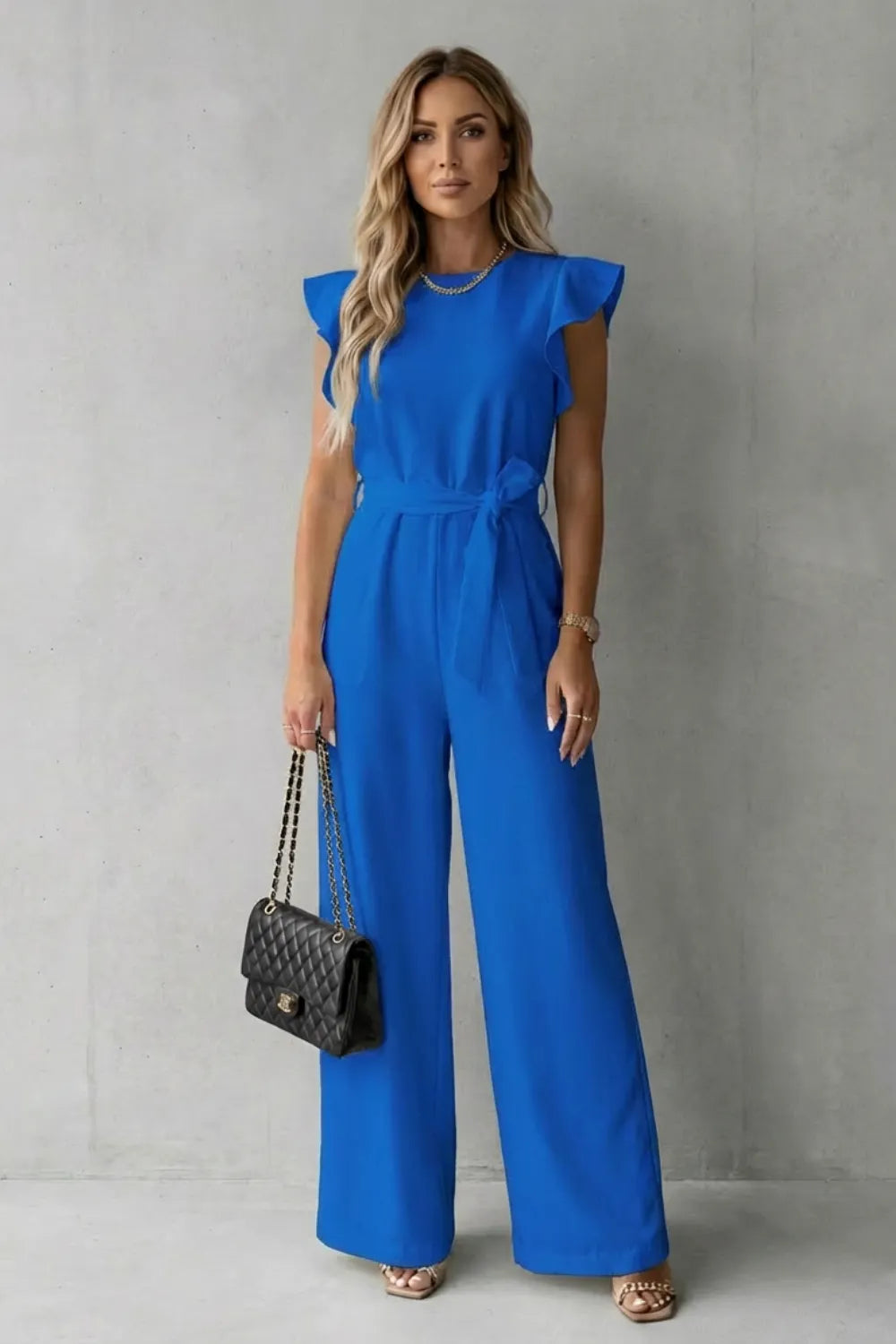 Ruffle sleeve belted – Wide-leg jumpsuit