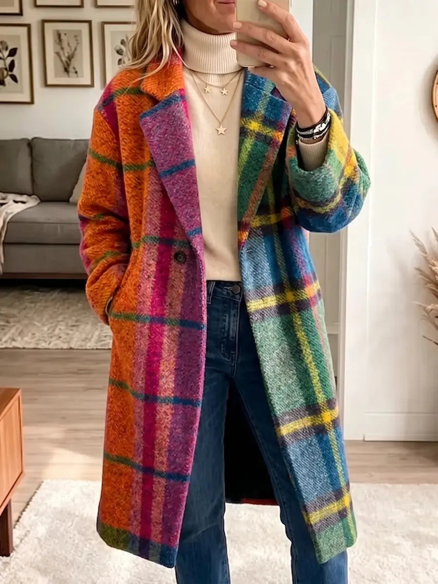 Vintage Elegant Woolen Fabric Plaid Coat