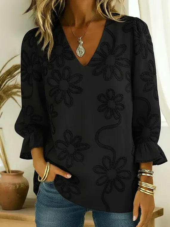 Romantic Floral Embroidered Ruffled Sleeves Blouse