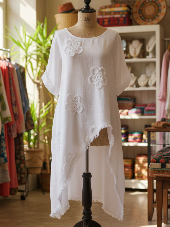 Floral Embroidered Loose-fitting Cotton Shirt Blouse