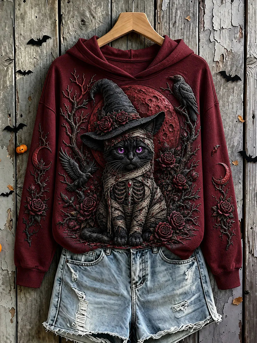 Women's Halloween Black Cat Art Print Casual Hoodie