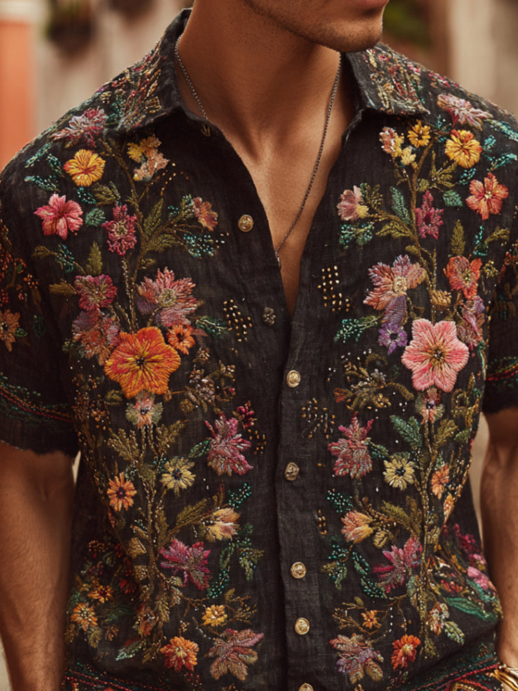 Bohemian Style Three-dimensional Embroidery Multi-colored Flowers Vintage Linen White Men's Lapel Short-sleeved Shirt