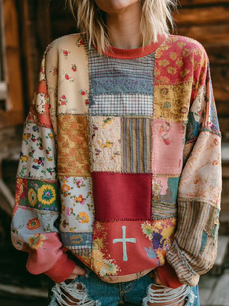 Women's Cross Floral Patchwork Art Cozy Sweatshirt