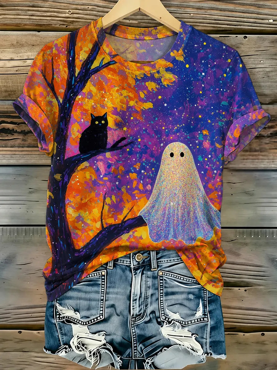 Women's Halloween Cat Print Casual T-Shirt