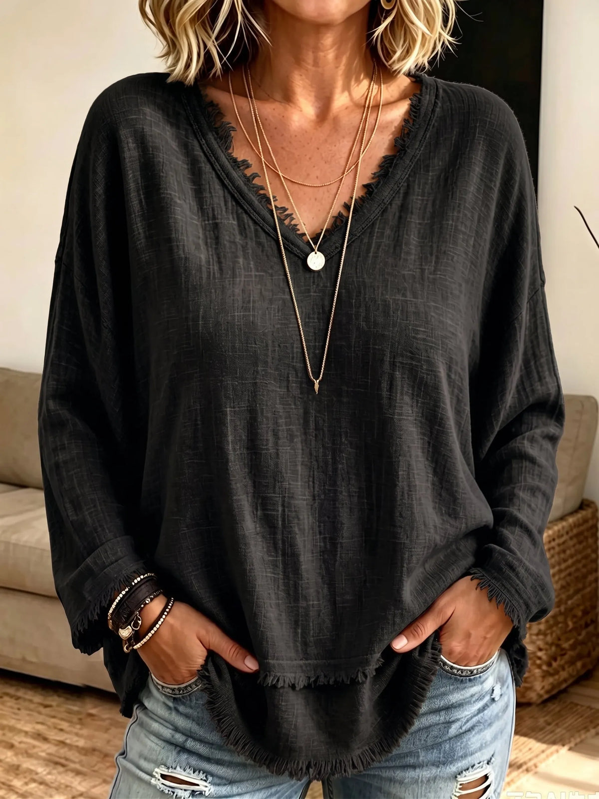 Women Frayed Edge V‐Neck Long Sleeve Top, Loose Textured Casual Blouse
