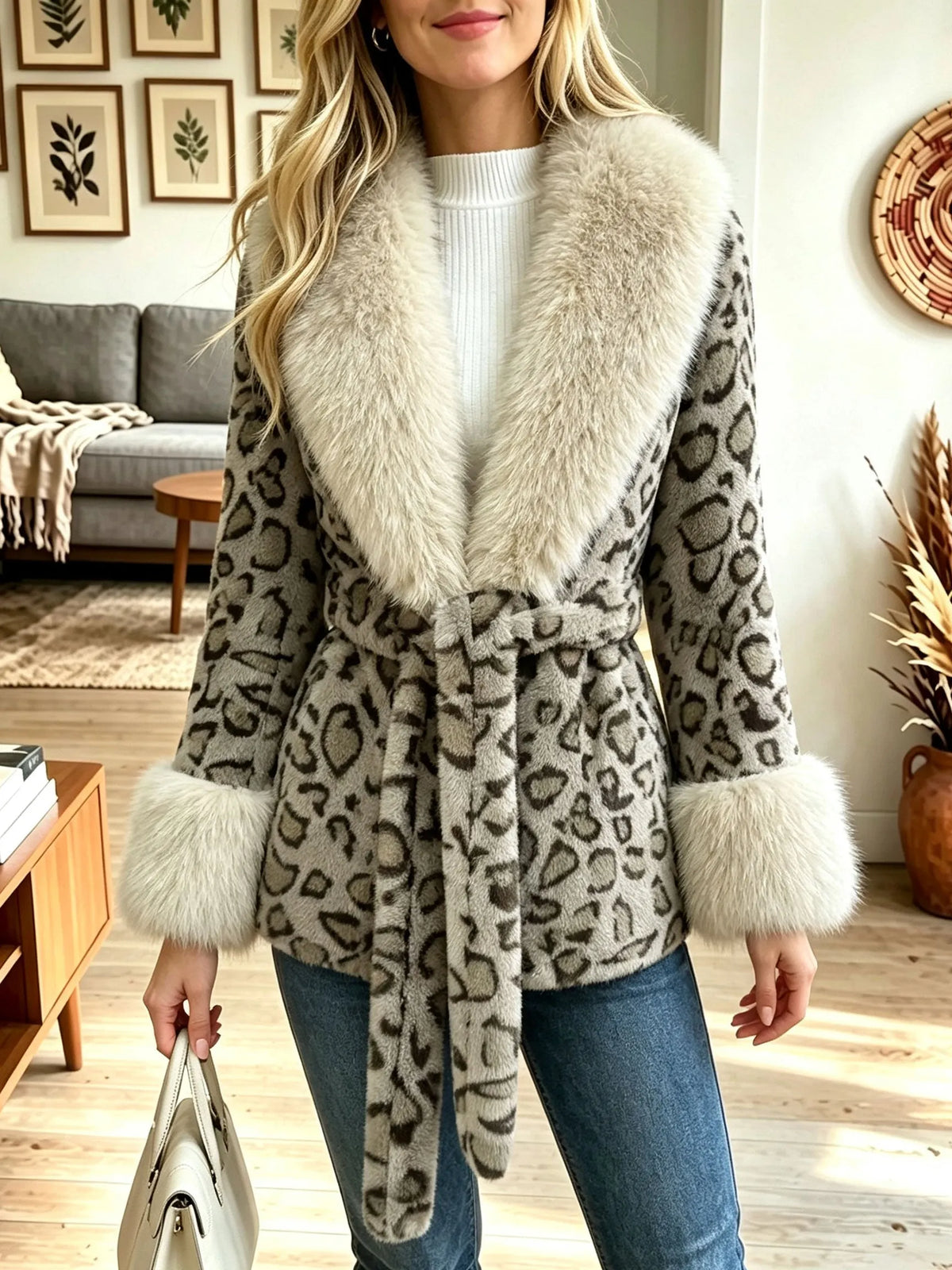 Leopard Print Faux Fur Collar Belted Coat, Women Waist‐Tie Winter Jacket
