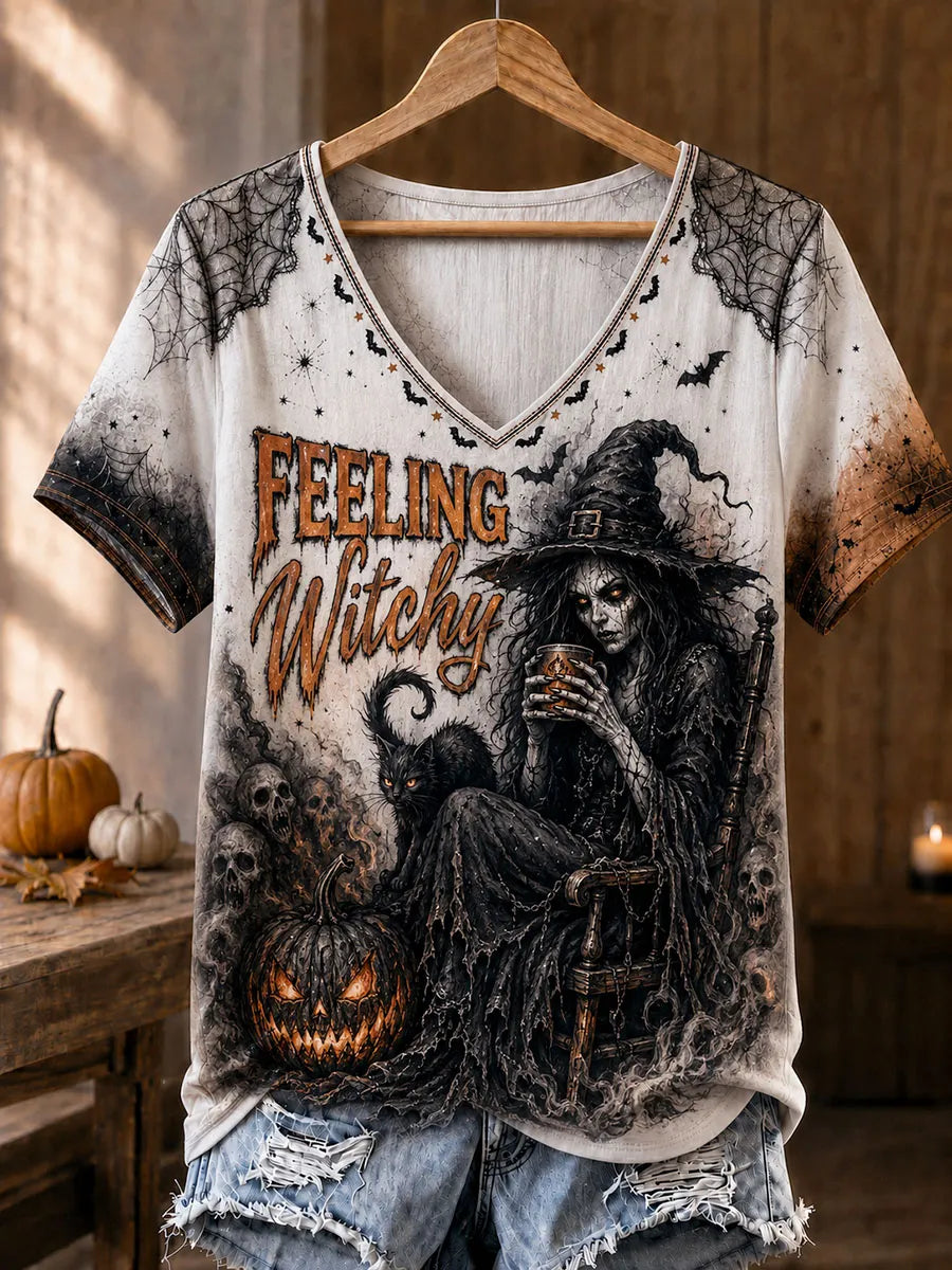 White Gothic Witch Halloween V-Neck T-Shirt