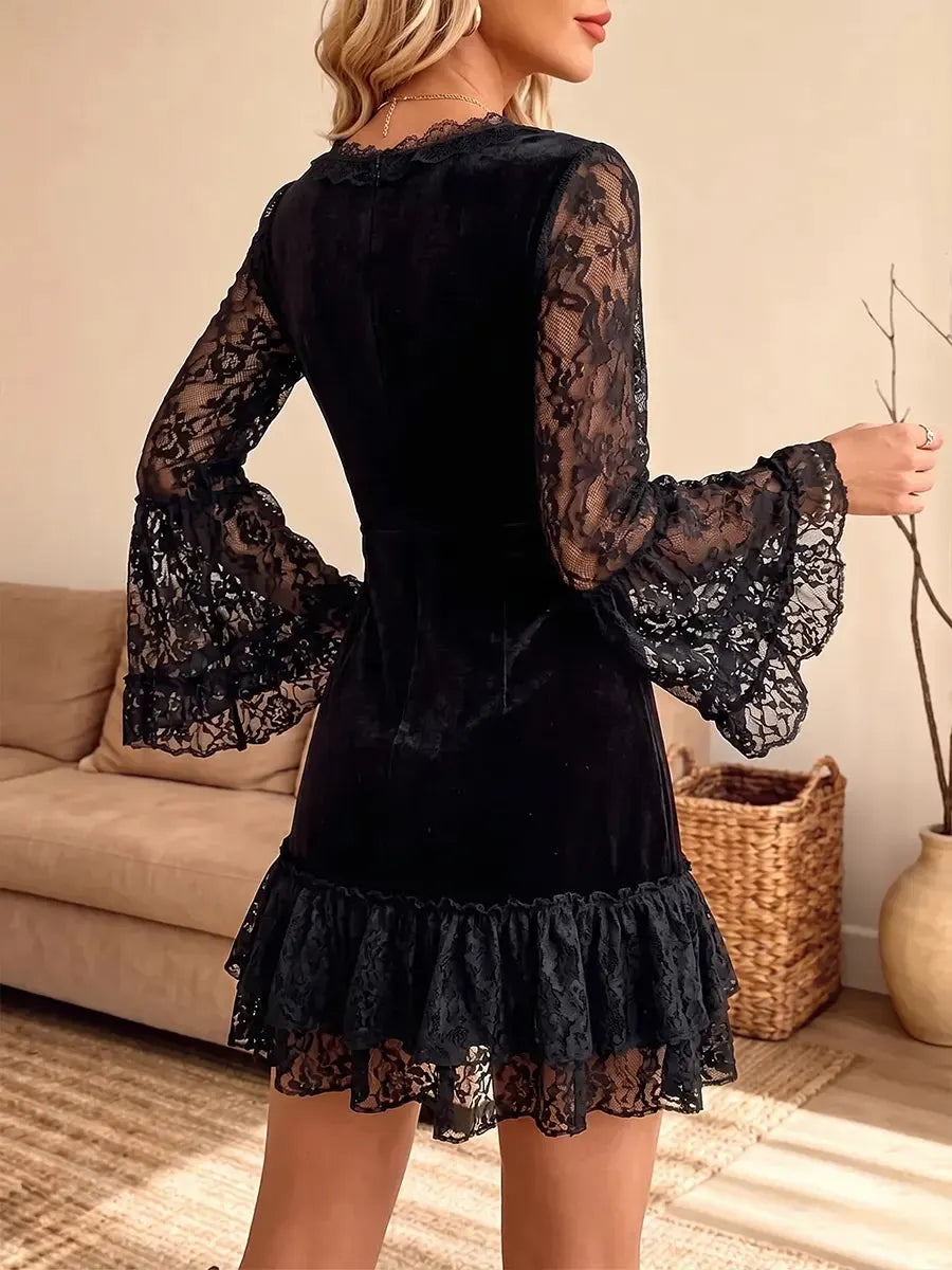 Vintage Elegant Lace-trimmed Ruffled V-neck Velvet Dress