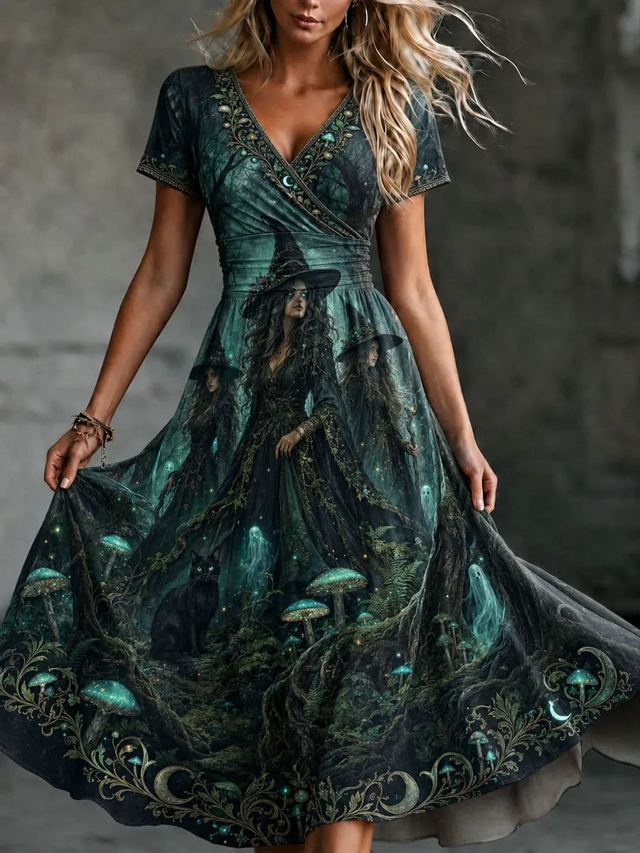 Enchanted Ghost Forest Witch Gothic V-Neck Short-Sleeve Dress