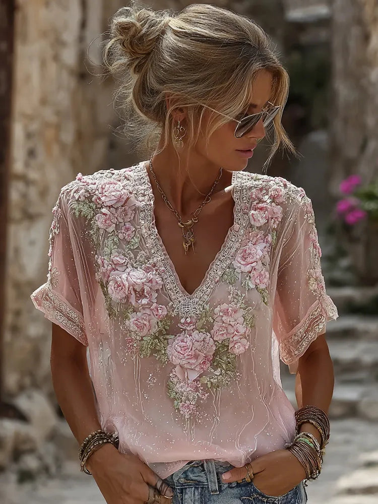 Women's Vintage Resort Embroidered Floral V-neck T-shirt