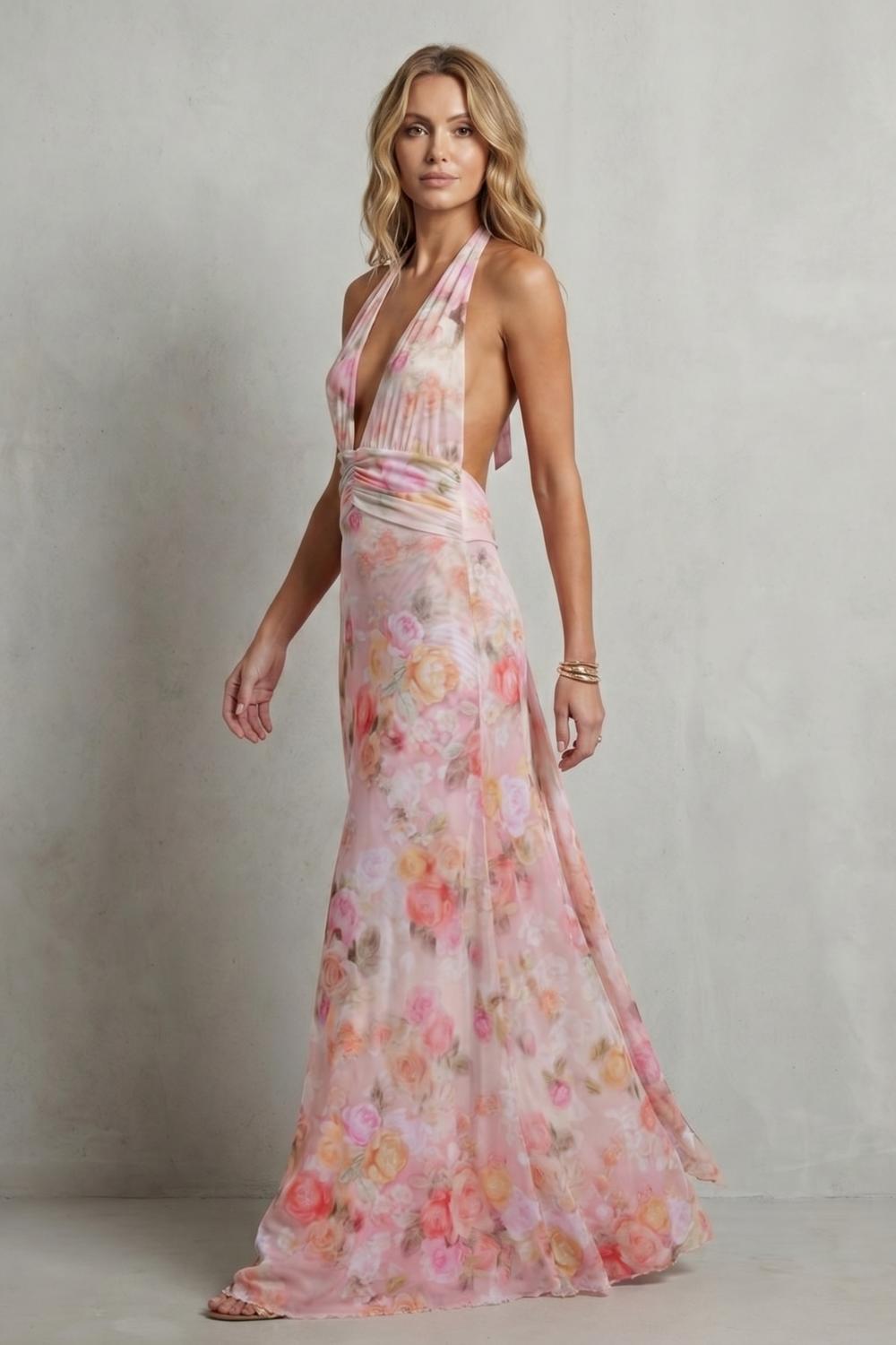 Deep V floral elegance – Maxi dress