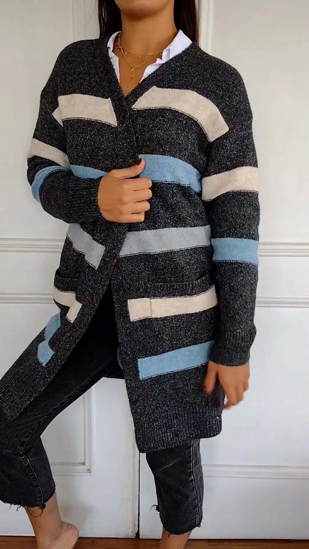 Striped Knitted Long Cardigan