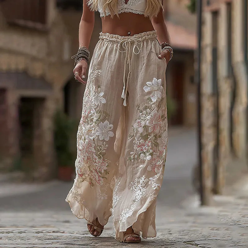 Women's Retro Floral Lace Art Pocket Linen Casual Pants