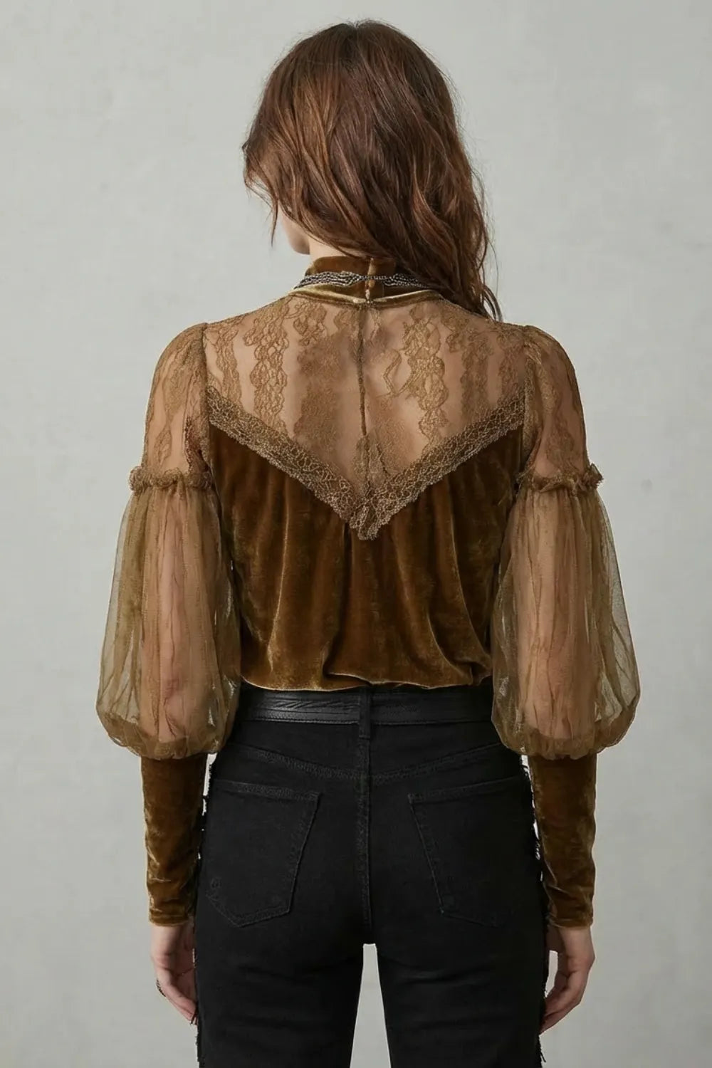 Sheer lace detail – Velvet turtleneck blouse