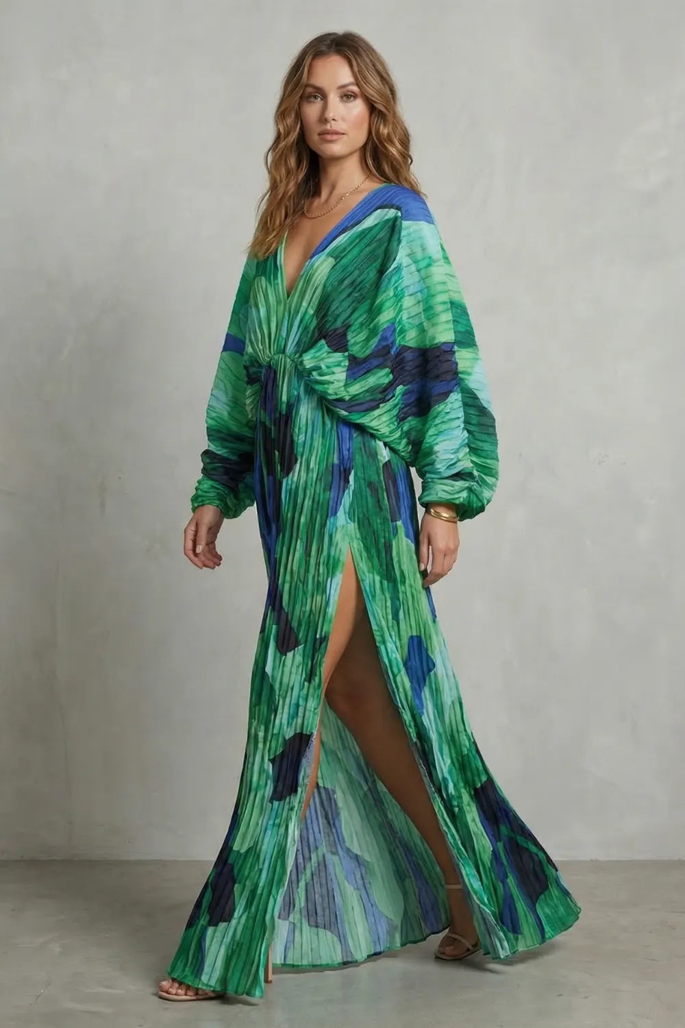Pleated kimono allure – Maxi dress