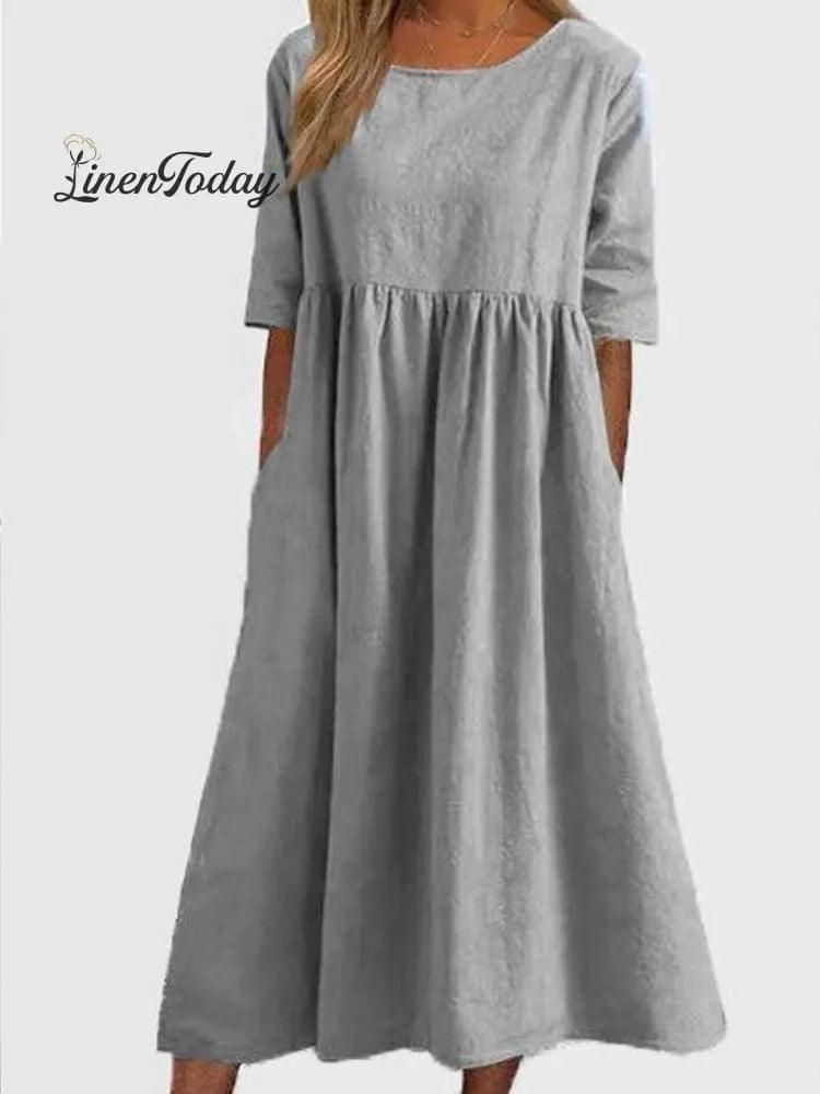 Cotton And Linen Casual Short Sleeve Pocket Pleated Loose Round Neck Dress