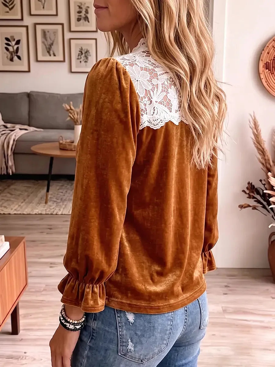 Women's Vintage Elegant Velvet Patchwork Openwork Floral Lace Shirt