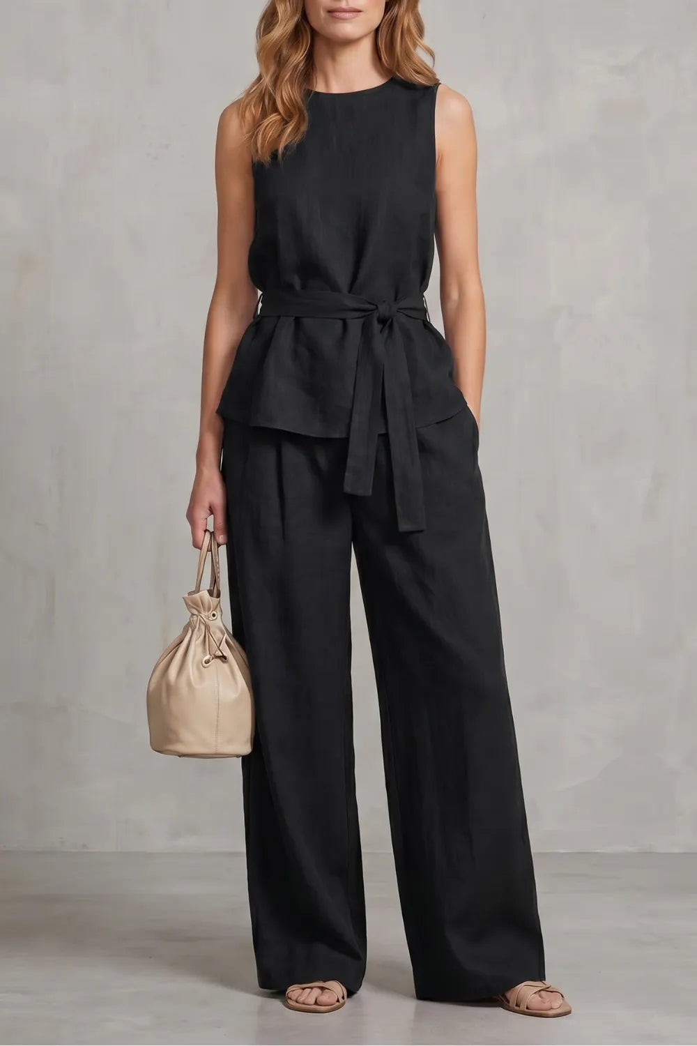 Elegant tie-waist silhouette – Two-piece trouser set