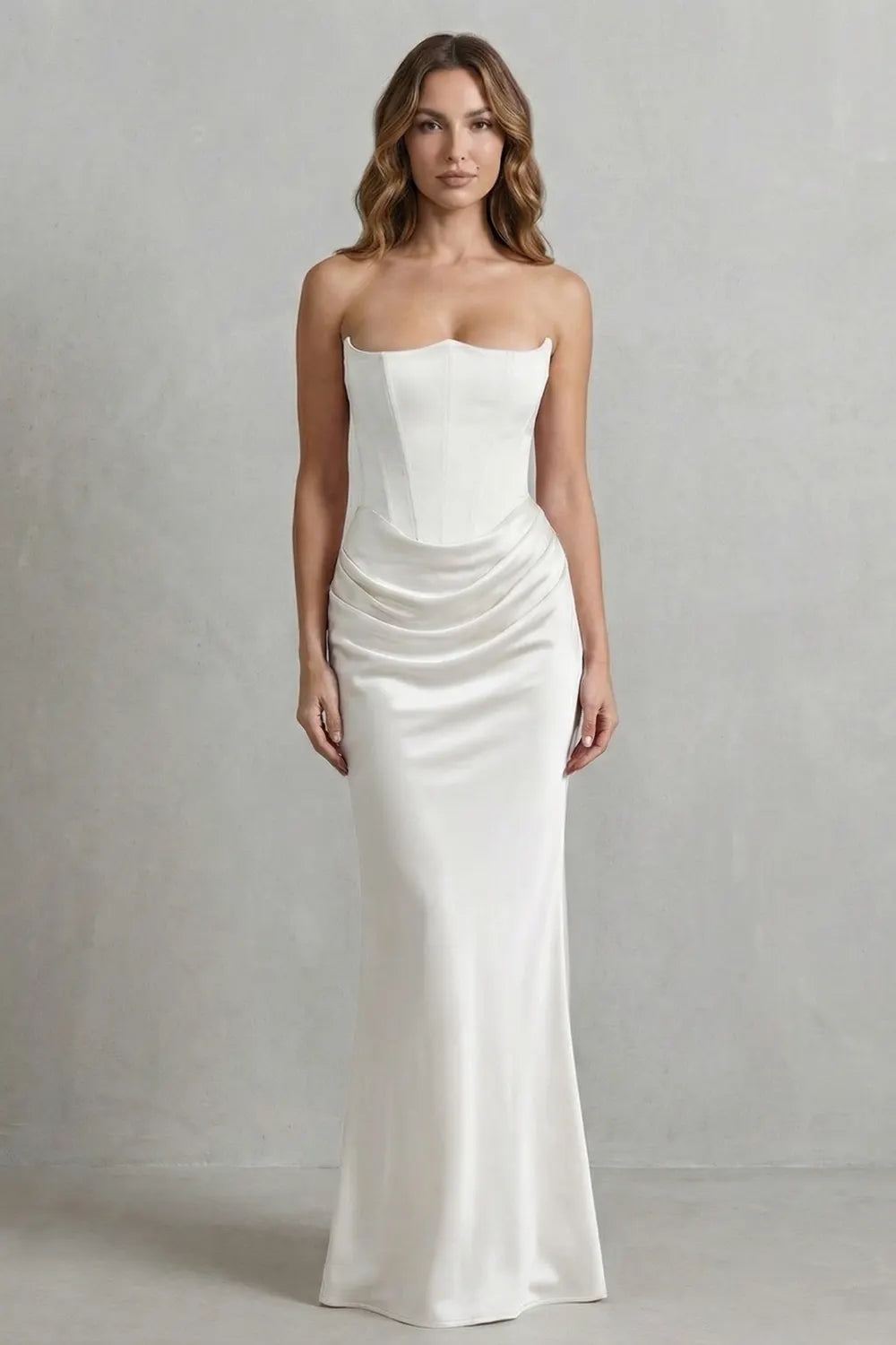 Sculpted satin drape – Strapless corset maxi dress