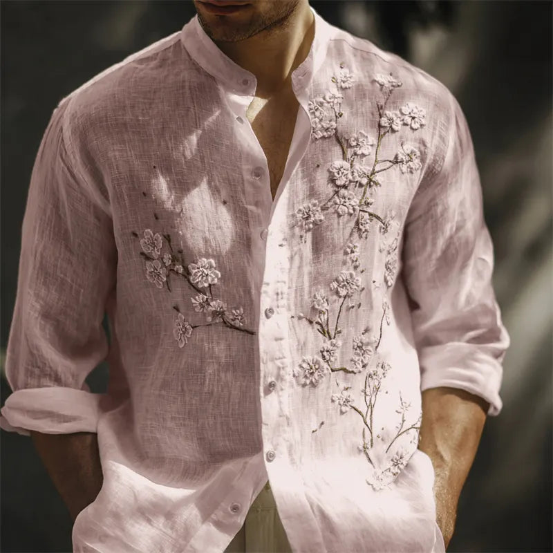 Men's Classy White Almond Blossom Embroidered Linen Shirt