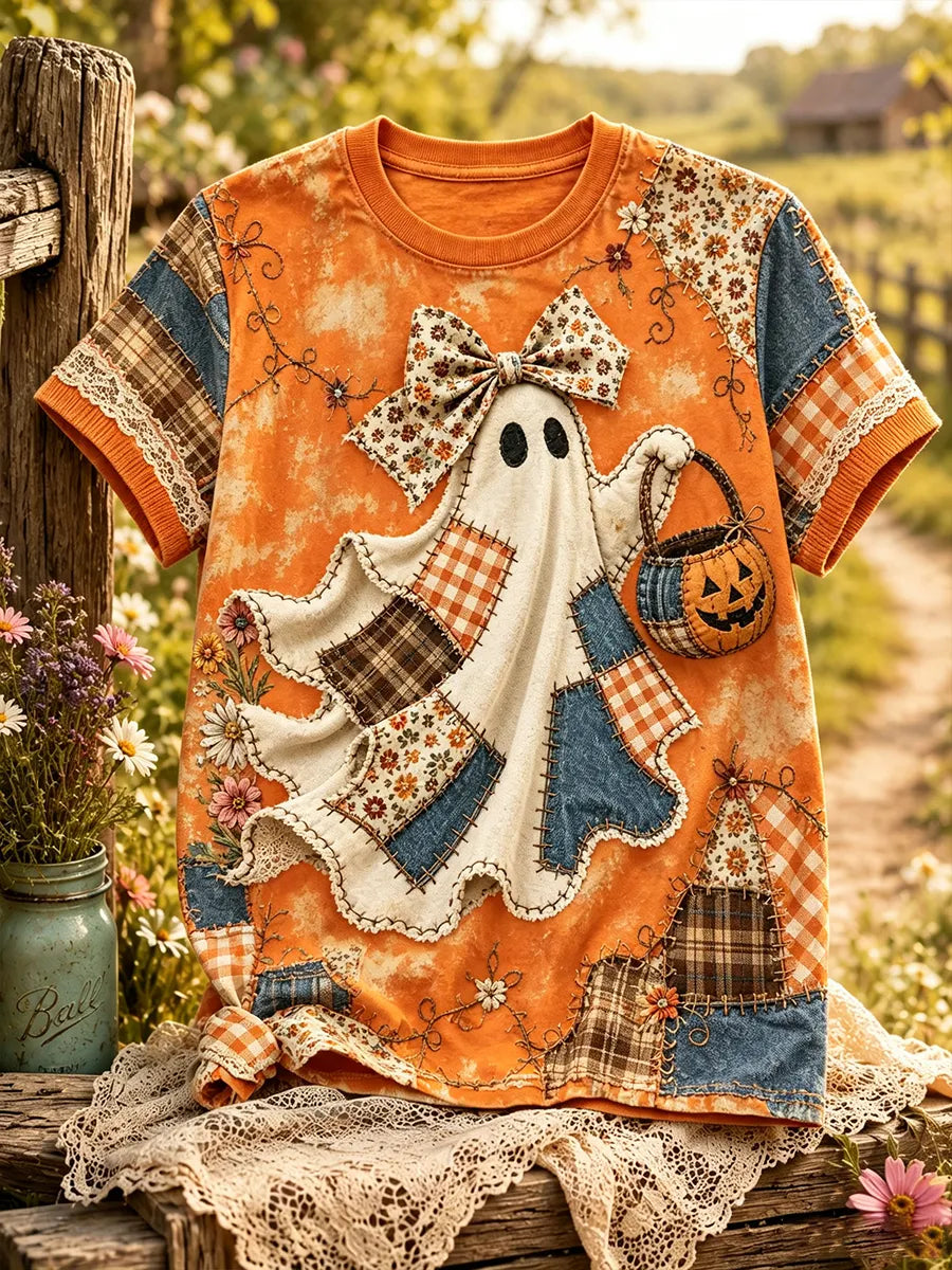 Vintage Patchwork Ghost Halloween Graphic Tee